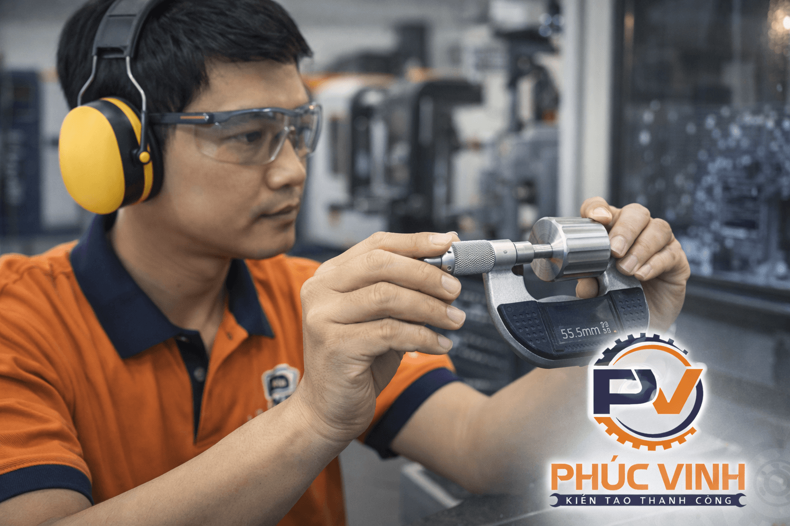 Thợ cơ khí đo chi tiết kim loại