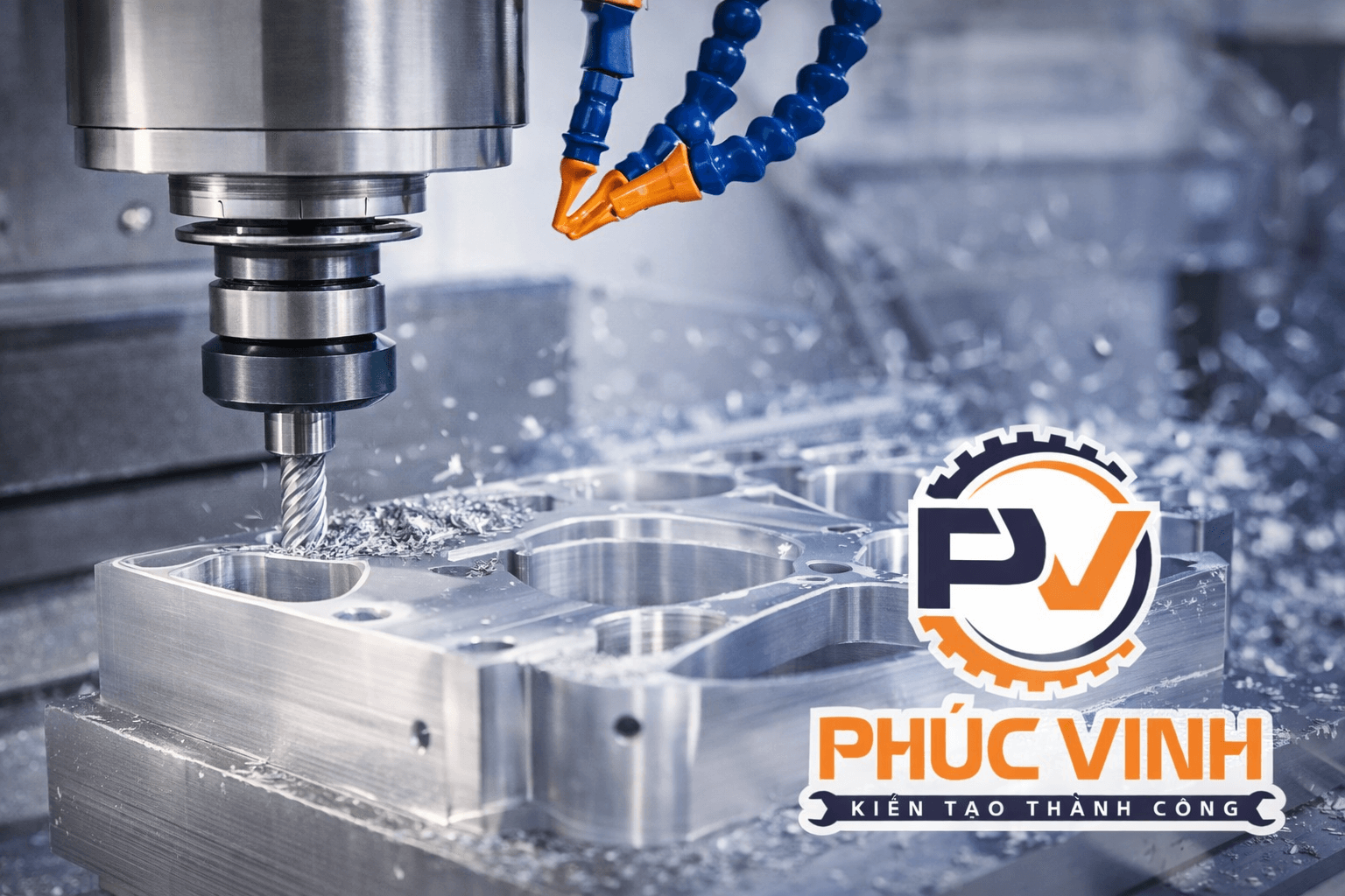 Máy phay CNC đang gia công nhôm chính xác tại xưởng cơ khí Phúc Vinh