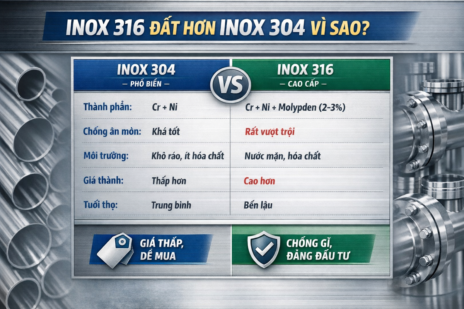 Tại sao inox 316 đắt hơn inox 304