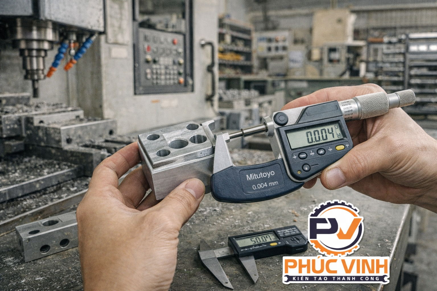 Quá trình đo lường chính xác cơ khí ở xưởng Phúc Vinh