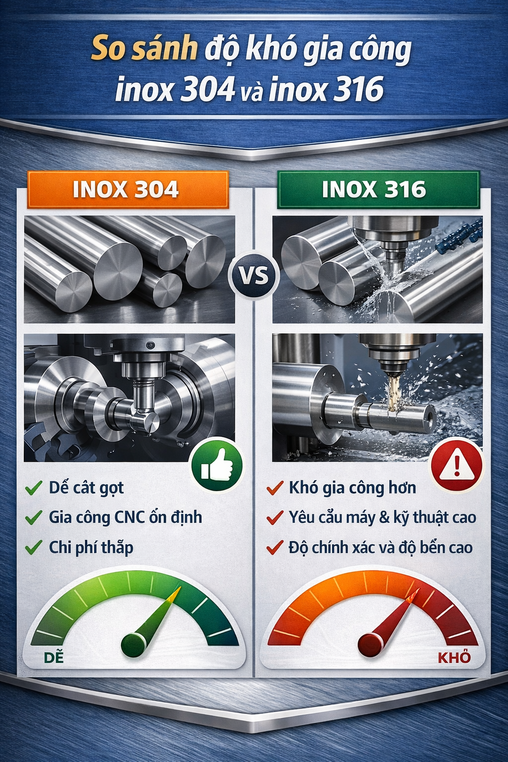 so sánh độ khó trong gia công inox 304 và inox 316